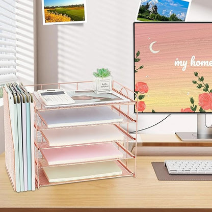 OPNCIE Desk Organizers and Accessories, 5 Tier Paper Letter Tray File Organizer, Office Organization Storage Desk Accessories Workspace Desktop Organizer for Classroom Office Supplies Decor(Rose)