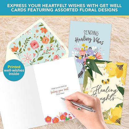 Decorably 24 Pack 4x6in Assorted Get Well Cards with Envelopes and Stickers, 24 Unique Floral Designs Boxed Get Well Cards with Printed Message Inside