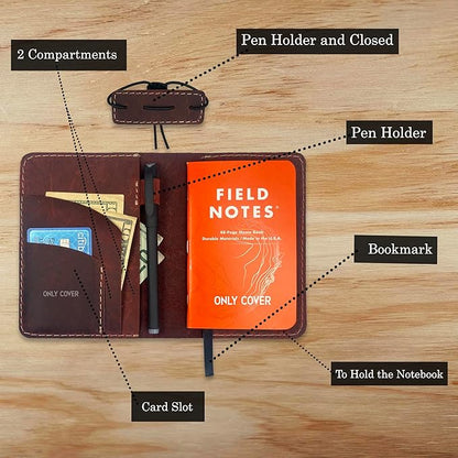 Thot Ra Leather Cover for Field Notes, Passport Cover, Leather Notebook Cover for 3.5" x 5.5" with Pen Holder, Only Cover (Shedron)