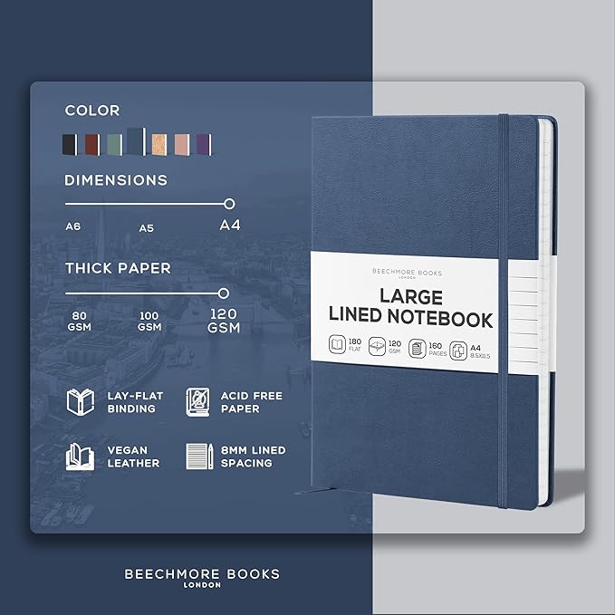 BEECHMORE BOOKS Lined Journal Notebook, 8.5 x 11.5 inch, A4 160 Lined Pages, Hardcover Leather Journals for Women, Men, Writing and Notebooks for Work - 120 GSM Thick Paper, Gifts Box Included