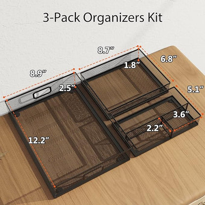 Desk Drawer Organizer Set, 3 Pcs Metal Mesh Office Drawer Organizers, Paper Organizer Letter Tray for Desk, Junk Drawer Organizer for Office, Kitchen, Makeup, Vanity