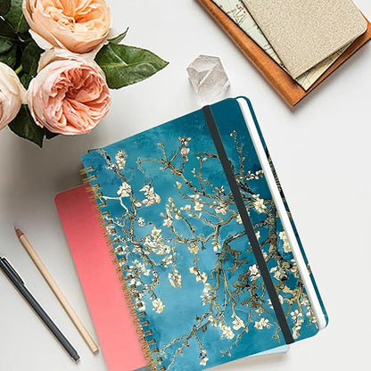Spiral Notebook - A5 Spiral Notebooks, 8.3'' × 5.8'', 160 Pages, Aesthetic Journaling Notebooks for Women, College Lined Notebook with Elastic Closure, Back Pocket, for School Office, Plum blossom