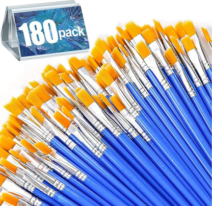 AROIC 180pcs Flat Paint Brushes Set, Small Brushes Bulk Nylon Hair for Kids Acrylic Oil Watercolor Artist, Professional Painting for Classroom Students