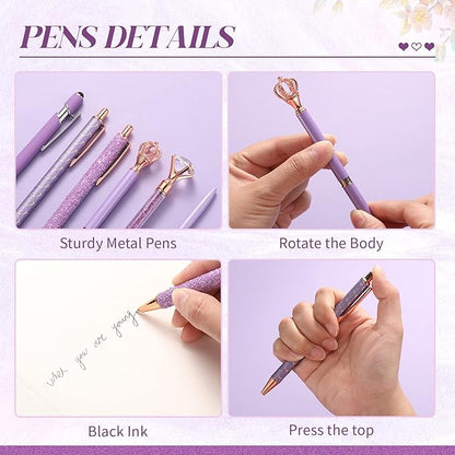 6 Pcs Ballpoint Pens Set Metal Crystal Diamond Pen for Journaling Glitter Pretty Cute Stationery Black Ink Fancy Gifts for Women Girls Teacher Office Wedding School Supplies(Purple Series)