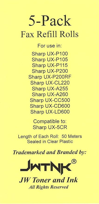 5-Pack of UX-5CR Fax Film Ribbon Refill Rolls Compatible with Sharp Fax UX-P100 UX-P105 UX-P115 UX-P200 UX-P200RF UX-CL220 UX-255 UX-A255 UX-260 UX-A260 UX-CC500 UX-CD600 UX-LD600