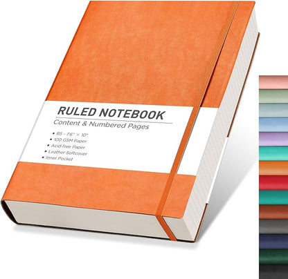 RETTACY Journaling Notebooks, B5 Lined Journal Notebook with 320 Numbered Pages, 7.6" × 10", Medium Size, Journal Notebook for Writing, Work, School, Leather Softcover, 100 GSM Thick Paper (Orange)