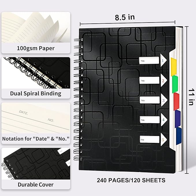 CAGIE 5 Subject Notebook College Ruled 8.5x11 240 Pages Spiral Notebook with Dividers Tabs A4 Notebooks for School Work Organization Note Taking, Black