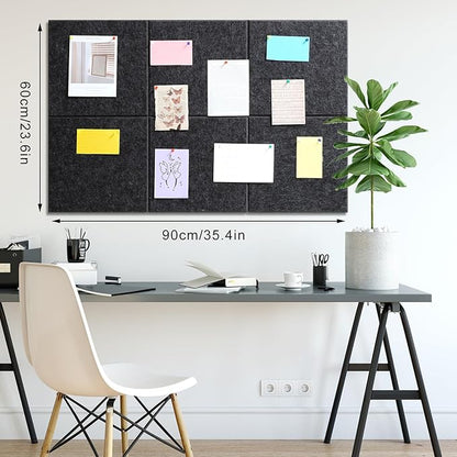 Large Cork Board 36" x 24", 6 Pack Felt Wall Tiles with Colored 30 Pcs Pushpins, Bulletin Board with Removable Self-Adhesive Strips, Pin Board Cork Boards for Walls Office Home-Dark Gray