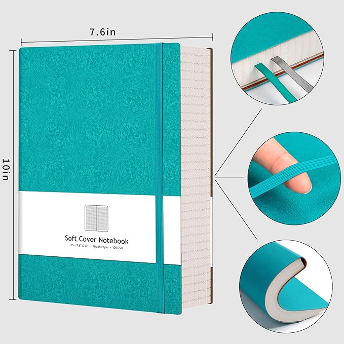 AHGXG Graph Paper Notebook - 320 Pages Grid Paper Notebook Large Journal B5, 100gsm Thick Graph Paper, Leather Softcover, Inner Pocket, 7.6'' X 10''- Cyan