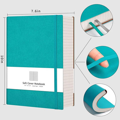 AHGXG Graph Paper Notebook - 320 Pages Grid Paper Notebook Large Journal B5, 100gsm Thick Graph Paper, Leather Softcover, Inner Pocket, 7.6'' X 10''- Cyan