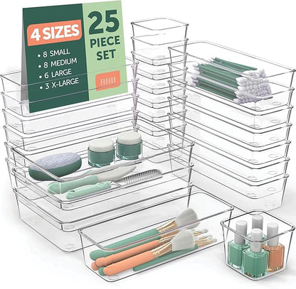 25 PCS Clear Plastic Drawer Organizers Set, 4 Sizes Clear Drawer Organizers & storage Bins for Makeup/Jewelry Vanity, Kitchen Gadgets Or Office Desk. Bathroom Drawer Organizer Trays With Non-Slip Pads