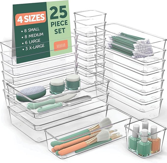 25 PCS Clear Plastic Drawer Organizers Set, 4 Sizes Clear Drawer Organizers & storage Bins for Makeup/Jewelry Vanity, Kitchen Gadgets Or Office Desk. Bathroom Drawer Organizer Trays With Non-Slip Pads
