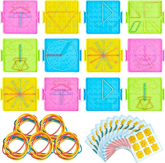 24 Pcs Double Sided Geoboard Mathematical Geoboards with Rubber Bands Math Manipulatives Toy for Geometry, 6.9 x 6.3 Inches