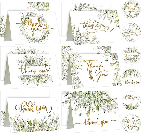 24 Pack Watercolor Thank You Cards with 24 Envelopes 24 Stickers 6 Designs Gold Letter Greeting Note Cards Thank You Notes Round Envelope Seal Stickers for Wedding Graduation(Fresh Style)