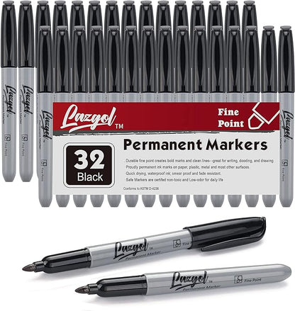 Permanent Markers Bulk, 32 Pack Black Permanent Marker Set, Fine Tip, Waterproof Markers, Premium Smear Proof Pens, Waterproof, Quick Drying, Office Supplies for School, Office, Home