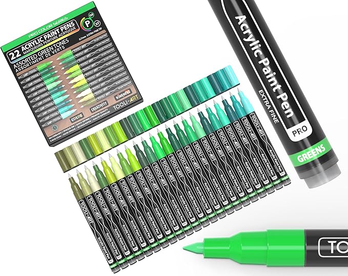 Acrylic Paint Pens 22 Green Tones Assorted Pro Color Series Markers Set 0.7mm Extra Fine Tip for Rock Painting, Glass, Mugs, Wood, Metal, Canvas, Projects, Non Toxic, Waterbased, Quick Drying