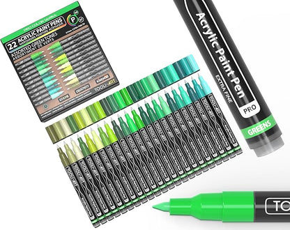 Acrylic Paint Pens 22 Green Tones Assorted Pro Color Series Markers Set 0.7mm Extra Fine Tip for Rock Painting, Glass, Mugs, Wood, Metal, Canvas, Projects, Non Toxic, Waterbased, Quick Drying