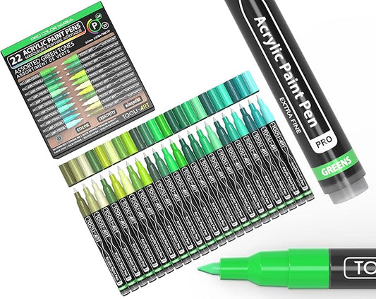 Acrylic Paint Pens 22 Green Tones Assorted Pro Color Series Markers Set 0.7mm Extra Fine Tip for Rock Painting, Glass, Mugs, Wood, Metal, Canvas, Projects, Non Toxic, Waterbased, Quick Drying