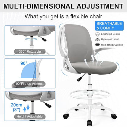 Drafting Chair Tall Office Chair with Flip-up Armrests, Adjustable Height, and Enhanced Lumbar Support - Ergonomic Rolling Stool, Back Support, and Adjustable Foot Rest Ring for Standing Desk Gray