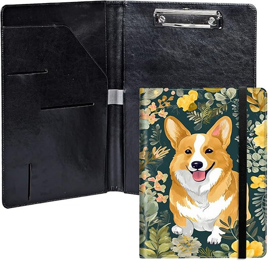 Dog Flower PU Leather Padfolio Clipboard Notepad with Pen Loop and Elastic Strap Interview/Resume Document Organizer for Business School Office