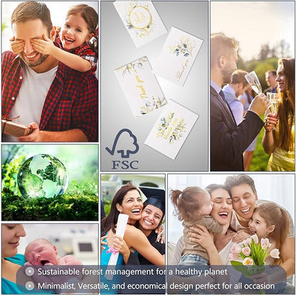 100 Bulk Thank You Cards with Envelopes White and Greenery Gold Foil – Floral watercolor Cards Thank You Notes with Envelopes and Eucalyptus leaves for Wedding Bridal Baby Shower Graduation Fune