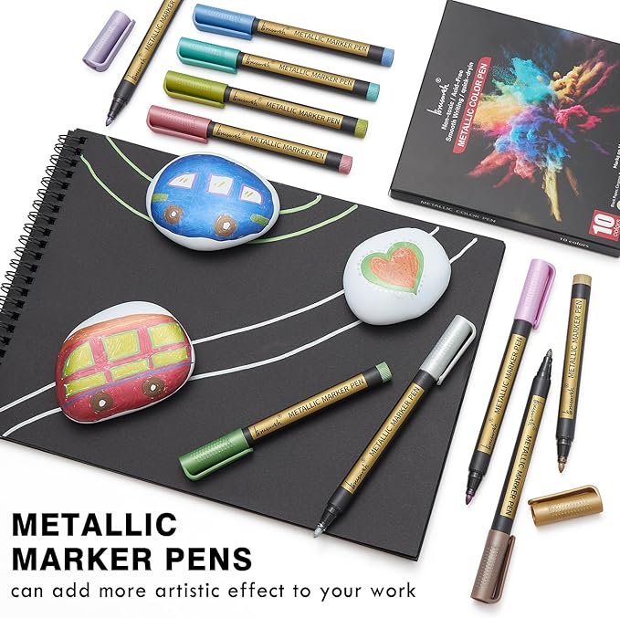 Metallic Marker Pens - 10 Colors Medium Point Metallic Markers for Rock Painting,Black Paper,Scrapbooking Crafts, Card Making,DIY Photo Album,Ceramic