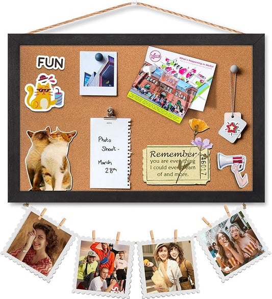 Miratino Cork Board Bulletin Board, 16 x 11 Inches Wooden Frame Pin Board, Cute Cork Boards for Walls Hanging for Office, Home Decor, School (Pins, Clips, Strings) Black