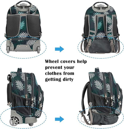 18 inches Wheeled Rolling Backpack Multi-Compartment College Books Laptop Bag, Leaves.