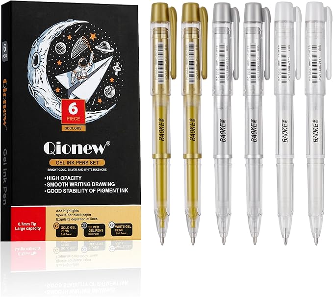 3 Colors Gel Pen Set, 6 Pack, 0.7mm Extra Fine Point,White,Gold and Silver Gel Ink Pens for Artists,White Pens for Black Paper,Artists Drawing,Journaling, Coloring ﻿ ﻿