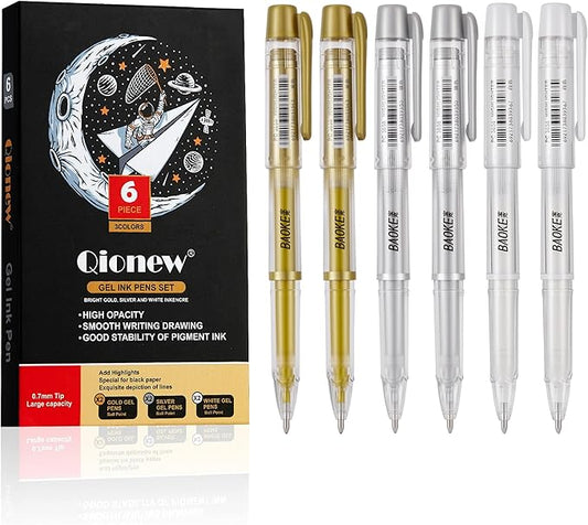 3 Colors Gel Pen Set, 6 Pack, 0.7mm Extra Fine Point,White,Gold and Silver Gel Ink Pens for Artists,White Pens for Black Paper,Artists Drawing,Journaling, Coloring ﻿ ﻿