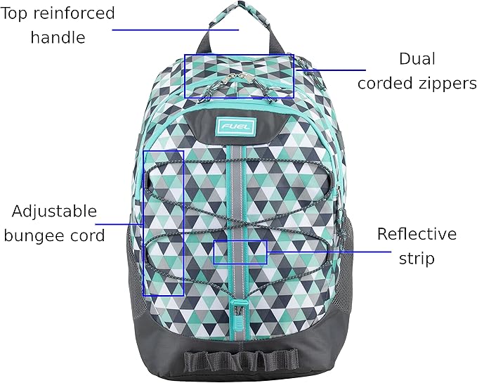 FUEL Hiking Backpack for Women Men Terra Sport, Travel, College, Gym, Work with Laptop Sleeve, Bungee, 18 Inches, Blue Diamond Crystal
