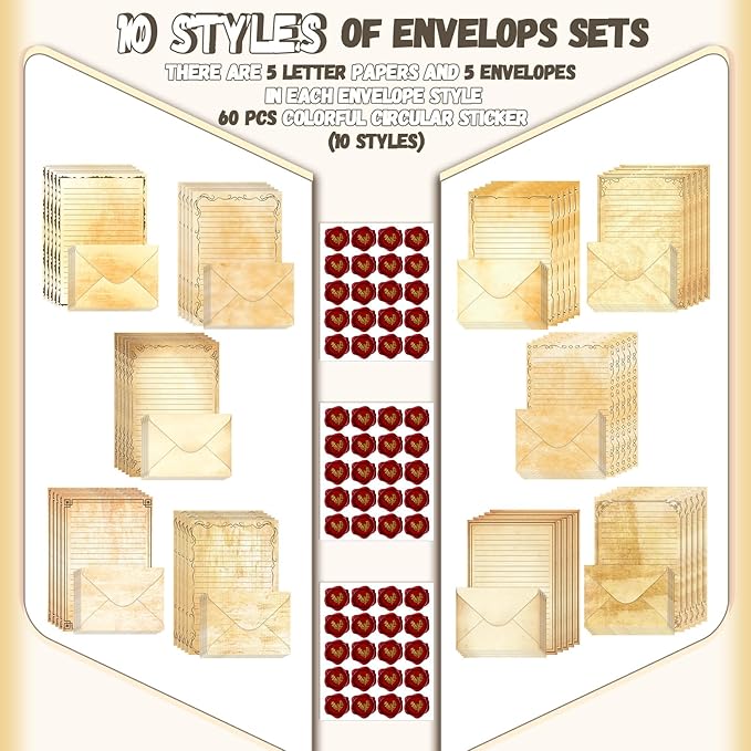 TaoBary 160 Packs Stationery Paper Set (50 Double Sided Stationery Writing Papers 50 Matching Envelopes) 60 Round Dot Sticker, 10 Design(Vintage,5.5 x 8.25 Inch)