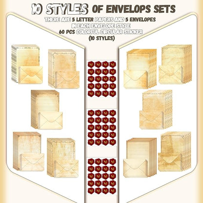 TaoBary 160 Packs Stationery Paper Set (50 Double Sided Stationery Writing Papers 50 Matching Envelopes) 60 Round Dot Sticker, 10 Design(Vintage,5.5 x 8.25 Inch)