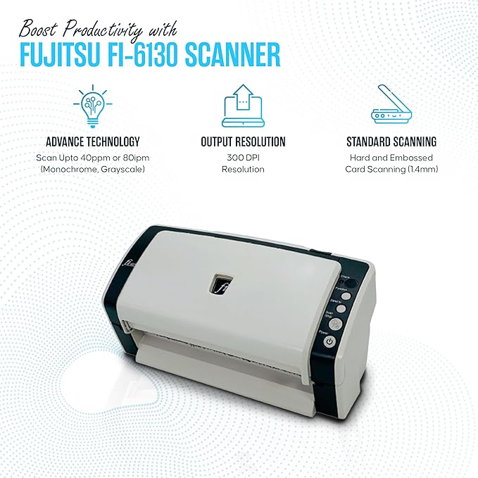 FI-6130 FUJITSU Document Scanner Bundle - 1 Year Warranty - Fujitsu Document Scanner with 24V AC Adapter, USB 2.0 Cable & Microfiber Cleaning Cloth (Renewed)