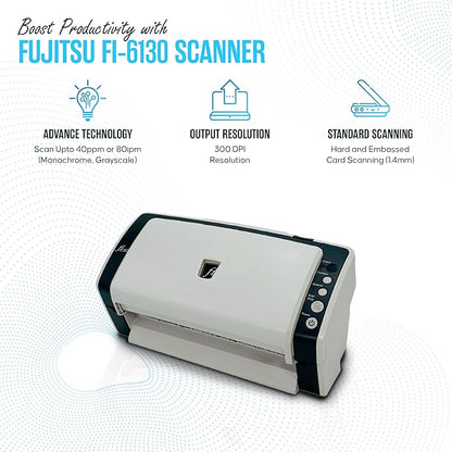 FI-6130 FUJITSU Document Scanner Bundle - 1 Year Warranty - Fujitsu Document Scanner with 24V AC Adapter, USB 2.0 Cable & Microfiber Cleaning Cloth (Renewed)