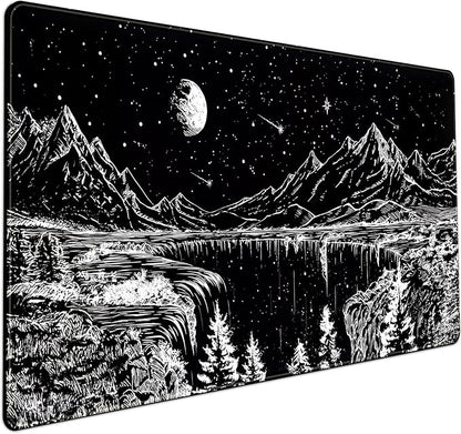 Black and White Desk Mat Dark Nature Forest Mouse pad XXL Starry Night Mountain Desk pad Aesthetic Moon and Stars Mousepad XXL for Laptop Computer Mouse Gaming Keyboard Mat, 31.5 X 15.8 in
