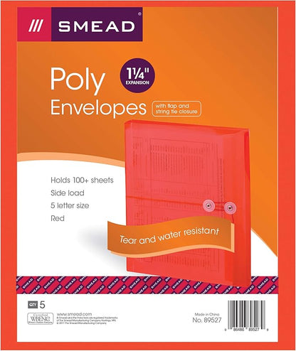 Smead Poly Envelope, 1-1/4" Expansion, String-Tie Closure, Side Load, Letter Size, Red, 5 per Pack (89527) (Pack of 2)