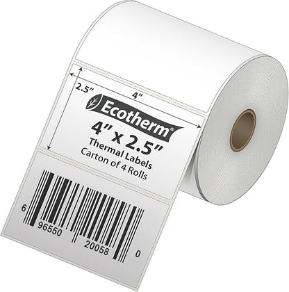4" x 2.5" Thermal Labels | 4 Rolls | 2400 Labels | fits Zebra, Munbyn, Rollo, Godex, Arkscan, iDPRT, Offnova Thermal Label Printers and More | Blank White Adhesive Stickers by Ecotherm