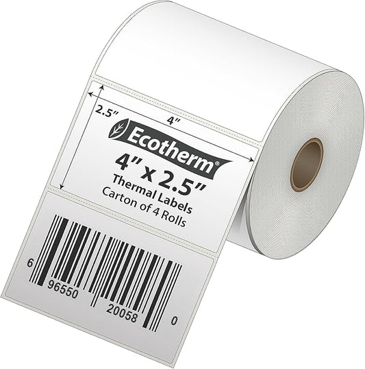 4" x 2.5" Thermal Labels | 4 Rolls | 2400 Labels | fits Zebra, Munbyn, Rollo, Godex, Arkscan, iDPRT, Offnova Thermal Label Printers and More | Blank White Adhesive Stickers by Ecotherm