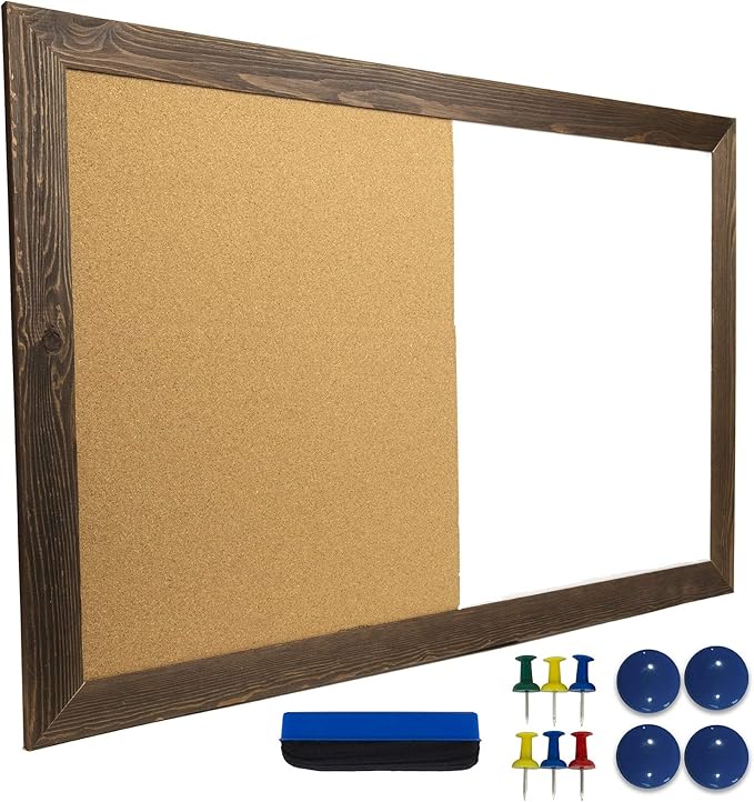Excello Global Products Dry Erase Cork Board Combo: Magnetic White Board with Cork Bulletin & Rustic Wooden Frame for Home, School, Office - 24"x36"