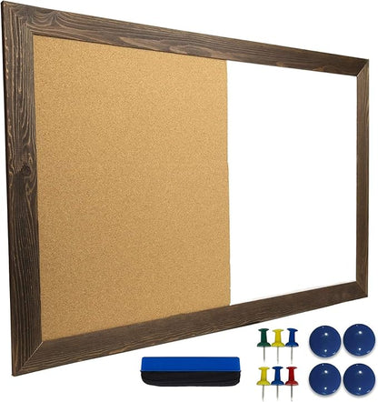 Excello Global Products Dry Erase Cork Board Combo: Magnetic White Board with Cork Bulletin & Rustic Wooden Frame for Home, School, Office - 24"x36"