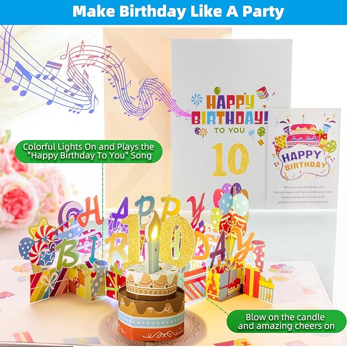 Gumry 10TH Musical Birthday PopUp Card, Blowable Colorful Light Candle 3D Cards with Song, Applause Cheers Sound, Greeting Cards Birthday Gifts Decorations for Women Men Turning 10 Years Old