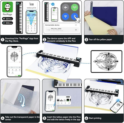 P90-Pino Wireless Tattoo Stencil Printer, Thermal Tattoo Machine with Inkless Tech, Inspired by Piano Design Portable Tattoo Printer Kit Compatible with Phone, Pad & PC