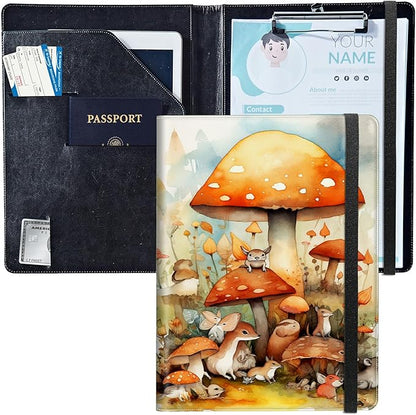 PU Leather Padfolio Clipboard Notepad with Pen Loop and Elastic Strap Interview/Resume Document Organizer for Business School Office,Watercolor Mushroom