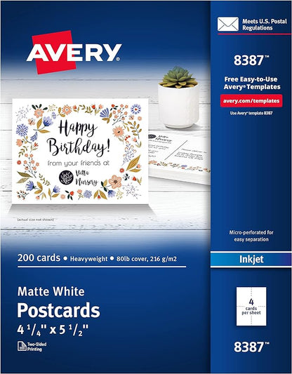 Avery Printable Postcards, 4.25" x 5.5", Matte White, 200 Blank Postcards for Inkjet Printers (8387)