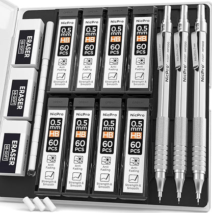 Nicpro 0.5 Mechanical Pencil Set with Case, 3PCS MP1000 Metal Artist Pencil & 8 Tube HB Lead Refills 0.5mm, 3 Erasers,9 Eraser Refills For Architect Writing Drafting, Drawing, Engineering, Sketching