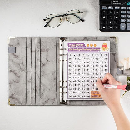 100 Envelopes Challenge Binder Savings Challenges Book, A5 Money Saving Planner Cash Envelope Budget Binder with Erasable Pen, Easy and Fun Way to Save $5,050, 10,000 and $500 (Marble Gray)