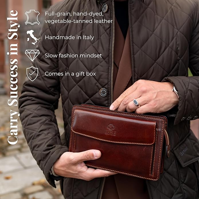 Time Resistance Leather Clutch for Men Organizer Wrist Bag Briefcase Handmade in Italy Gift Box Included