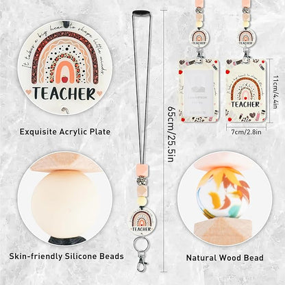 Teacher Lanyard with ID Holder, Leopard Print Rainbow Inspirational Quote Badge Holder with Beaded Adjustable Lanyard, Teacher Appreciation Gifts