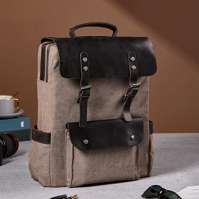 Vintage Waterproof Waxed Canvas Leather Backpack for Men Women 15.6" laptop Travel Rucksack